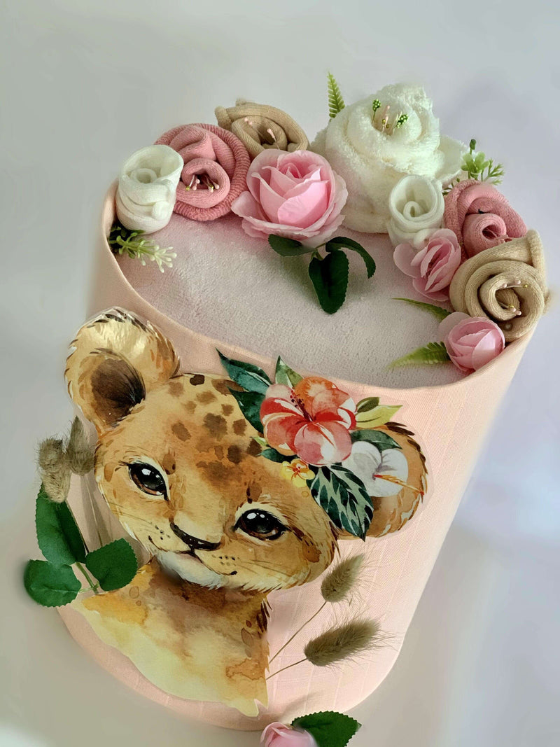 2 Tier Baby Girl Lion Cub Nappy Cake - Divine Baby